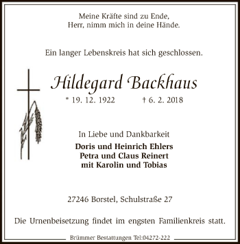 Traueranzeige von Hildegard Backhaus von SYK