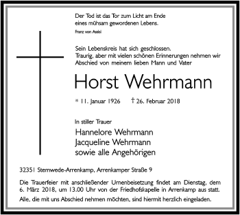 Traueranzeige von Horst Wehrmann von SYK