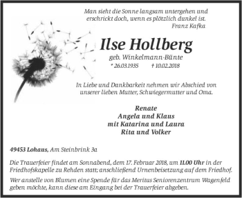 Traueranzeige von Ilse Hollberg von SYK