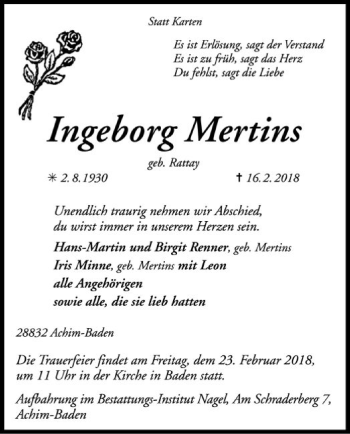 Traueranzeige von Ingeborg Mertins von SYK