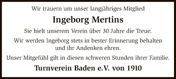 Traueranzeige von Ingeborg Mertins von SYK