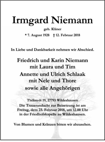 Traueranzeige von Irmgard Niemann von SYK