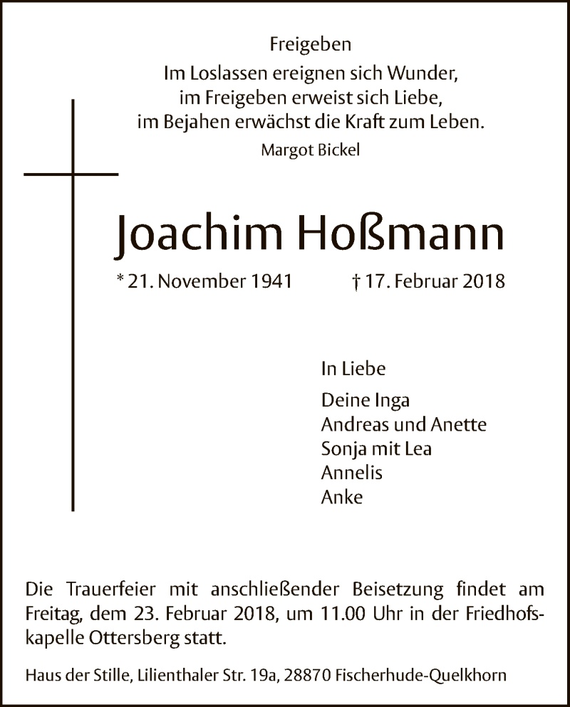 Traueranzeige für Joachim Hoßmann vom 20.02.2018 aus SYK
