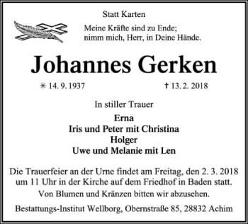 Traueranzeige von Johannes Gerken von SYK