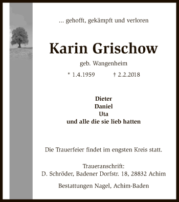 Traueranzeige von Karin Grischow von SYK