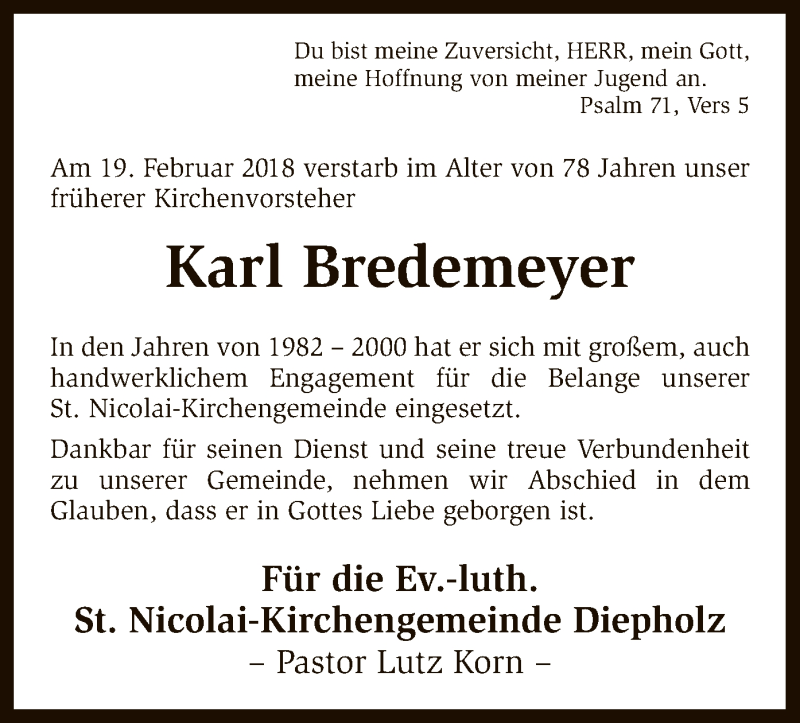  Traueranzeige für Karl Bredemeyer vom 21.02.2018 aus SYK