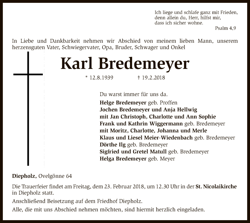  Traueranzeige für Karl Bredemeyer vom 21.02.2018 aus SYK