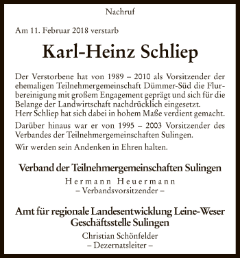 Traueranzeige von Karl-Heinz Schliep von SYK