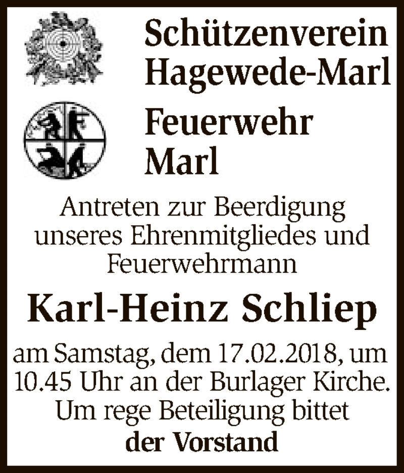  Traueranzeige für Karl-Heinz Schliep vom 13.02.2018 aus SYK