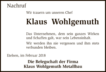 Traueranzeige von Klaus Wohlgemuth von SYK