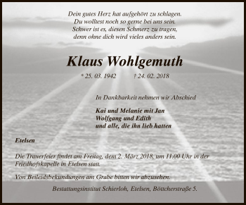 Traueranzeige von Klaus Wohlgemuth von SYK