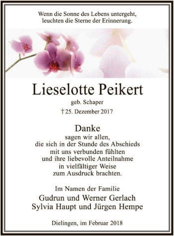 Traueranzeige von Lieselotte Peikert von SYK