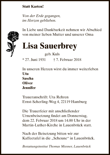 Traueranzeige von Lisa Sauerbrey von SYK