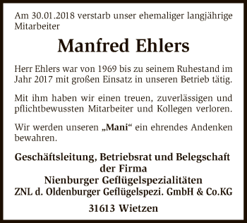 Traueranzeige von Manfred Ehlers von SYK