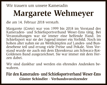 Traueranzeige von Margarete Wehmeyer von SYK