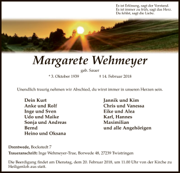 Traueranzeige von Margarete Wehmeyer von SYK