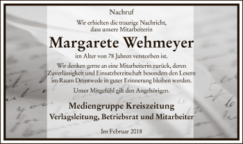 Traueranzeige von Margarete Wehmeyer von SYK