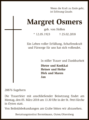 Traueranzeige von Margret Osmers von SYK