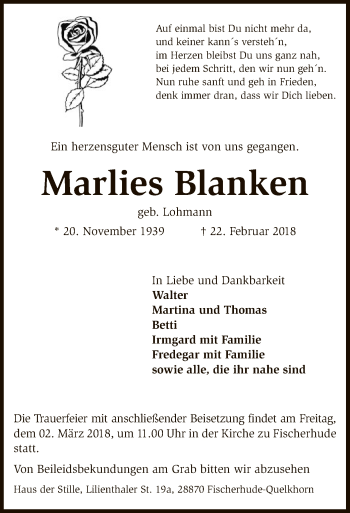 Traueranzeige von Marlies Blanken von SYK