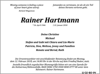 Traueranzeige von Rainer Hartmann von SYK