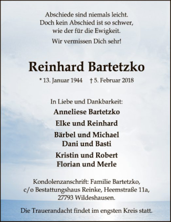 Traueranzeige von Reinhard Bartetzko von SYK