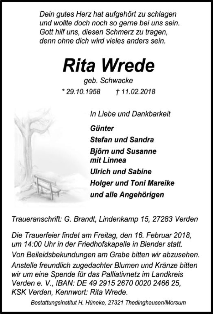  Traueranzeige für Rita Wrede vom 13.02.2018 aus SYK