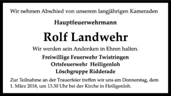 Traueranzeige von Rolf Landwehr von SYK