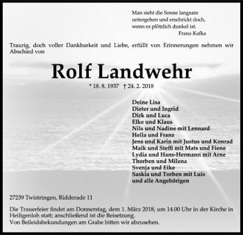 Traueranzeige von Rolf Landwehr von SYK