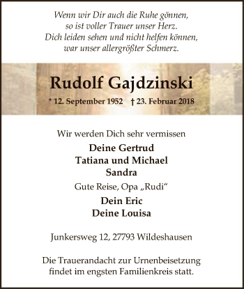 Traueranzeige von Rudolf Gajdzinski von SYK