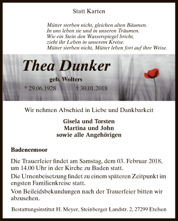 Traueranzeige von Thea Dunker von SYK