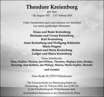 Traueranzeige von Theodore Kreienborg von SYK