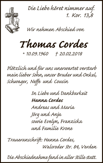 Traueranzeige von Thomas Cordes von SYK