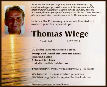 Traueranzeige von Thomas Wiege von SYK