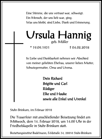 Traueranzeige von Ursula Hannig von SYK