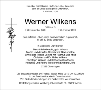 Traueranzeige von Werner Wilkens von SYK