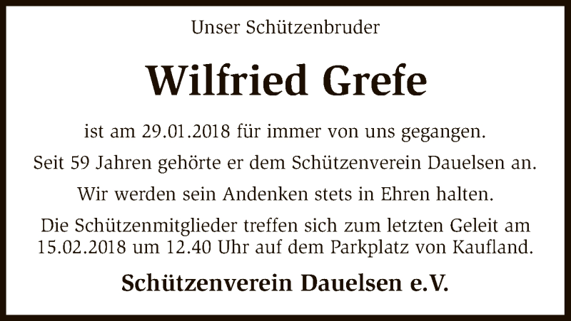  Traueranzeige für Wilfried Grefe vom 10.02.2018 aus SYK