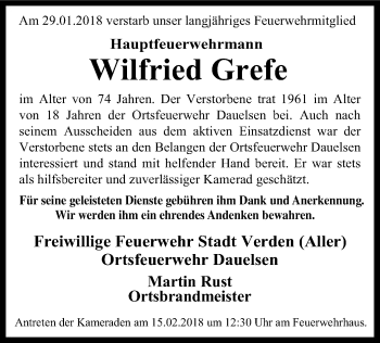 Traueranzeige von Wilfried Grefe von SYK