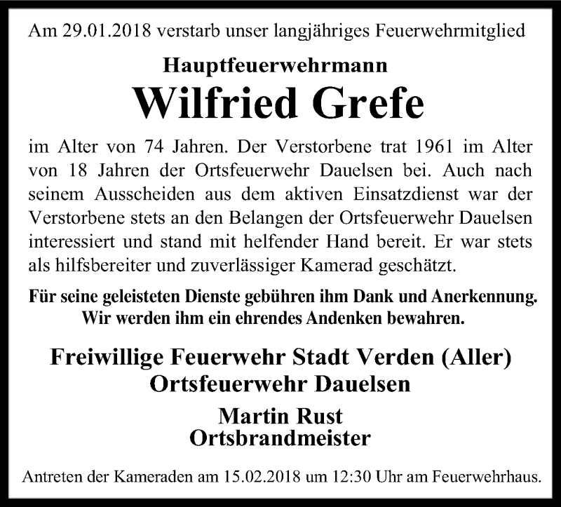  Traueranzeige für Wilfried Grefe vom 12.02.2018 aus SYK
