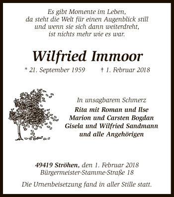 Traueranzeige von Wilfried Immoor von SYK