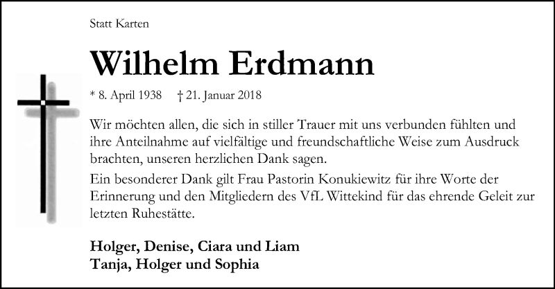  Traueranzeige für Wilhelm Erdmann vom 17.02.2018 aus SYK