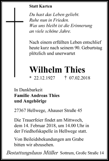 Traueranzeige von Wilhelm Thies von SYK