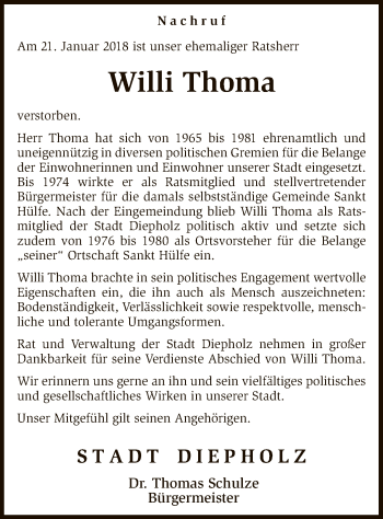 Traueranzeige von Willi Thoma von SYK