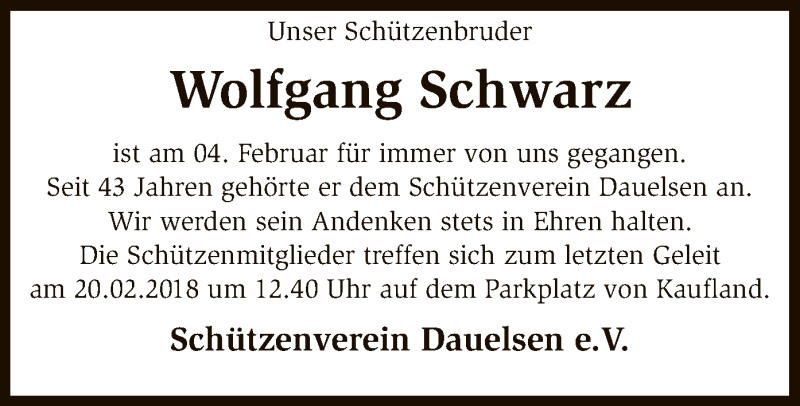  Traueranzeige für Wolfgang Schwarz vom 10.02.2018 aus SYK