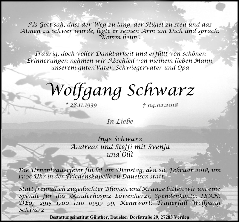  Traueranzeige für Wolfgang Schwarz vom 10.02.2018 aus SYK