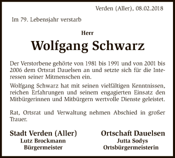 Traueranzeige von Wolfgang Schwarz von SYK