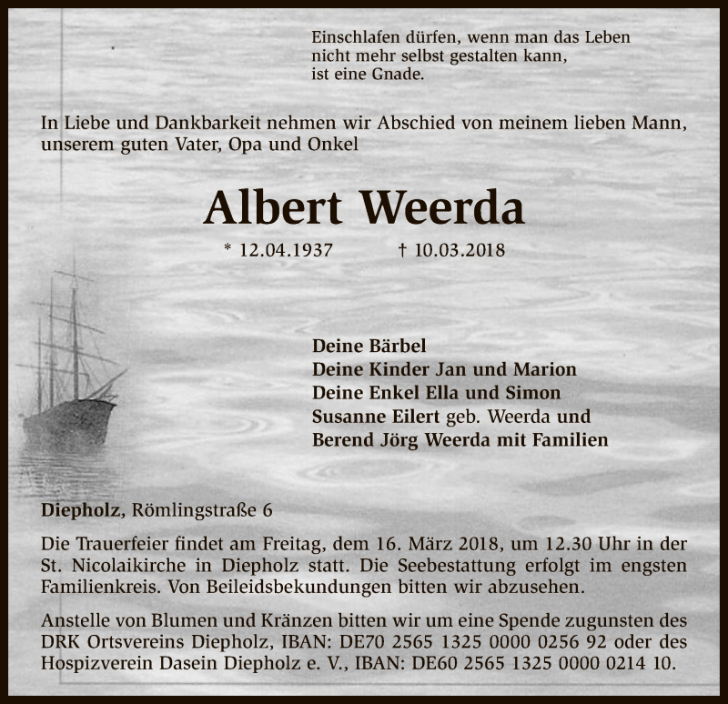  Traueranzeige für Albert Weerda vom 13.03.2018 aus SYK