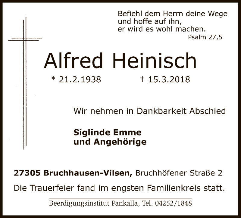  Traueranzeige für Alfred Heinisch vom 22.03.2018 aus SYK