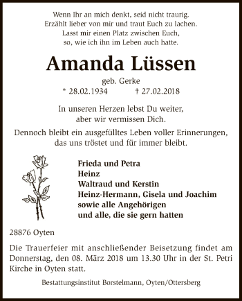 Traueranzeige von Amanda Lüssen von SYK