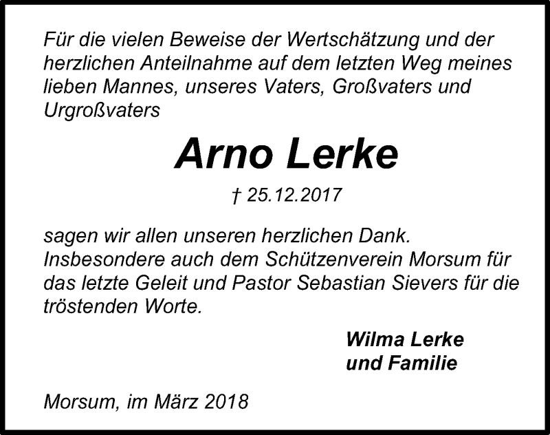  Traueranzeige für Arno Lerke vom 03.03.2018 aus SYK