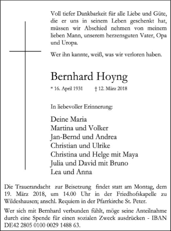 Traueranzeige von Bernhard Hoyng von SYK